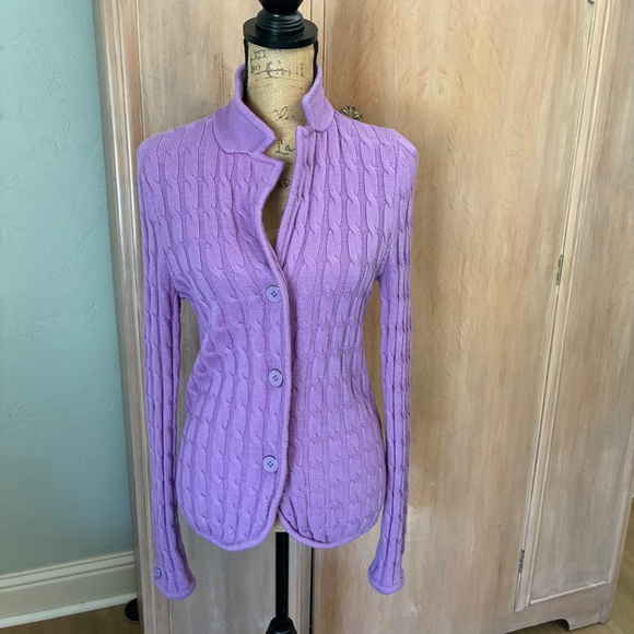 Talbots Purple Merino Wool Cable Cardigan Sweater - Picture 8 of 15